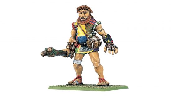 The Marauader Giant miniature, part of the Warhammer Orcs and Goblins range, a huge humanoid wielding a tree branch as a club and carrying a full barrel as a hip flask