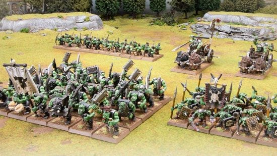 Warhammer the Old World Orcs and Goblins battalion contents - a horde of orcs, goblins, and a single chariot