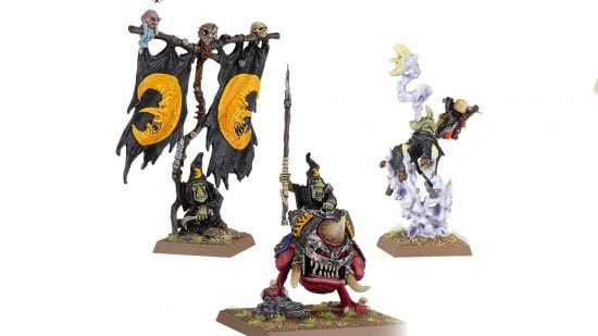 Warhammer the Old World Orcs and Goblins - night goblin characters, one holding a banner, one riding a huge squig, one breathing smoke