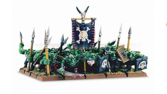 Warhammer the Old World Orcs and Goblins - a unit of goblins armed with spears and shields