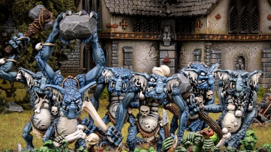 Warhammer the Old World Orcs and Goblins - Stone Trolls, lumpen creatures with grey skin, huge ears and noses, carrying bone clubs and rocks
