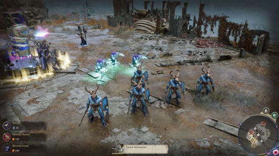 Warhammer Realms of Ruin Hero DLC screenshot - two units of Tzeentch units stand in front of the Gaunt Summoner that just summoned them