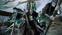 Warhammer Realms of Ruin Hero DLC - Kurdoss Valentian, craven king of the Nighthaunt, a skeletal figure holder a huge mace and flanked by ghostly heralds