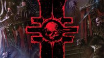 Cover art from the Warhammer RPG Dark Heresy Second Edition - a logo of a red skull on a barred black "I"