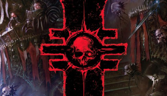 Cover art from the Warhammer RPG Dark Heresy Second Edition - a logo of a red skull on a barred black "I"