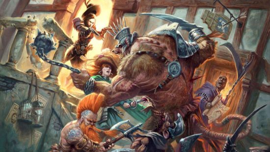 Cover art from the Warhammer RPG Warhammer Fantasy Roleplay - a party including a Dwarf with an orange mohawk, and several humans, one wielding a scythe, engage a giant rat ogre in melee