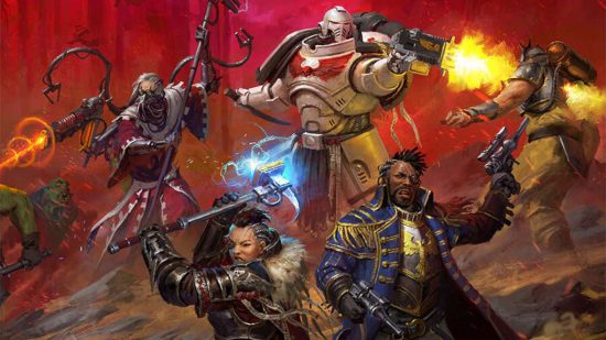 Cover art from the Warhammer RPG Wrath and Glory - a mixed party including a Tech Priest, White Scars Space Marine, preacher with thunderhammer, and Rogue Trader, make a stand against unseen foes