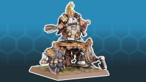 Warhammer the Old World Dwarf King in fine armor carried aloft by shieldbearers