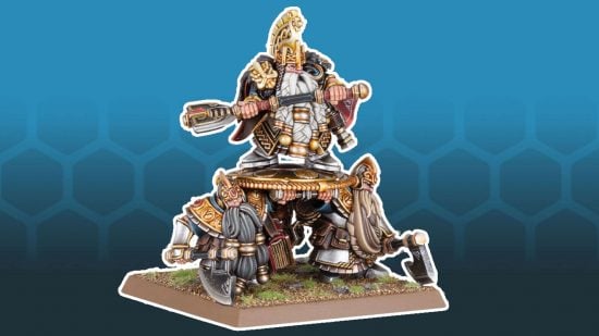Warhammer the Old World Dwarf King in fine armor carried aloft by shieldbearers