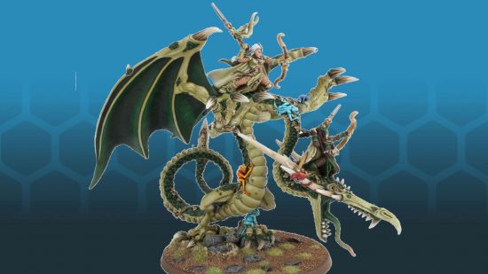 Warhammer the Old World Wood Elves Dragon, a huge green forest dragon ridden by a pair of Elves