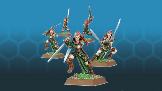 Warhammer the Old World Wood Elves Wardancers, elves wielding paired blades in acrobatic poses