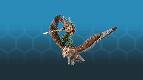 Warhammer the Old World Wood Elves Warhawk rider, an elf stands on the back of a huge hawk
