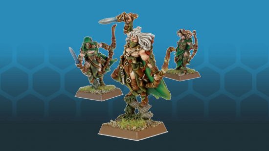 Warhammer the Old World Wood Elves Waywatchers, elves armed with bows wearing camouflage