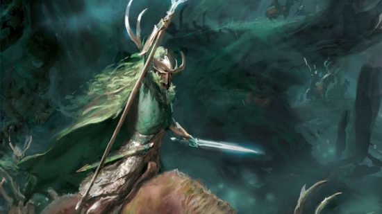 Warhammer the Old World Wood Elves Wild Rider, an elf wearing a horned mask rides on the back of a steed, spear held high