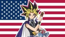 YuGiOh World Championships 2024 will be held in the USA - Yugi,a spikey-haired anime protagonist holding a playing card, super-imposed over an American flag
