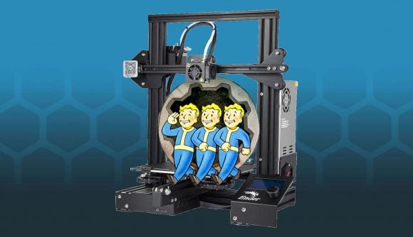 An Ender 3D printer apparently producing the entrance to a Fallout Vault and 3 bobble-head style Vault dwellers - photo montage from product photography and the Fallout Shelter videogame