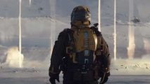 Screenshot from Ice, episode one of A Thousand Suns - a man in a yellow and black environment suit watches orbital bombardment of an ice field