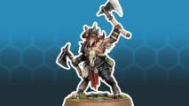 Age of Sigmar Beasts of Chaos Beastlord, a satyr-like humanoid with furry goat legs, humanoid torso, and horned goat head, wielding two handaxes