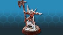 Age of Sigmar Flesh Eater Courts - a pallid ghoul, wearing crude bone ornaments, points with one hand and holds a rusted halberd aloft with the other