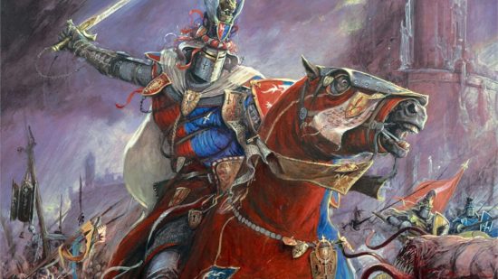 Are the Age of Sigmar Flesh Eater Courts Bretonnians - illustration of a Bretonnian Knight in a great helm riding a warhorse and swinging with a sword