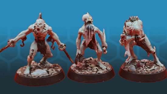 Three Age of Sigmar Flesh Eater Courts ghouls, pallid humanoid undead wielding crude weapons of bone, eating decaying flesh