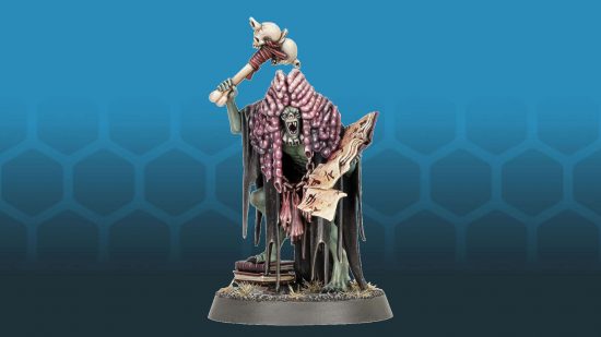 Age of Sigmar Flesh Eater Courts Grand Justice Gormayne, an undead judge with a periwinkle made of intestines, a gavel made from bones and skulls, and a tattered book of law