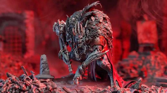 Age of Sigmar Flesh Eater Courts lord, Ushoran Mortarch of Delusion, a colossal, hunched monster holding a great mace, draped in bone-strewn furs, a bone crown bursting from his brow
