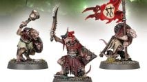 Age of Sigmar Skaven clanrat command - three ratmen, one with a bell, one with a banner, another in slightly less awful armor