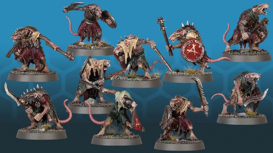 Age of Sigmar Skaven clanrats, new miniatures - ten ratmen in ragged clothes wielding rusted weapons