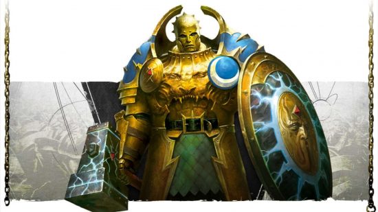 A Stormcast Eternals Annihilator, the Age of Sigmar answer to a Space Marine, a warrior in gold armor with blue pauldrons, wielding a massive lightning wreathed shield and a huge hammer