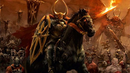 Archaon the Everchosen, a Chaos Knight riding a red-eyed steed, holding a fiery blade and wearing a golden horned helm, the in-lore agent who destroyed the Warhammer fantasy world