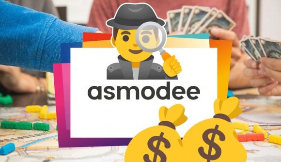 Against a closeup background of people playing the board game Ticket To Ride, an emoji of a detective looking through a magnifying glass superimposed on top of the asmodee logo, with two yellow money sacks at the bottom of the image