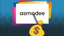 The logo of the board game publisher Asmodee, its name against a white tile surrounded by rainbow colors, connected by a chain to an emoji of a money bag