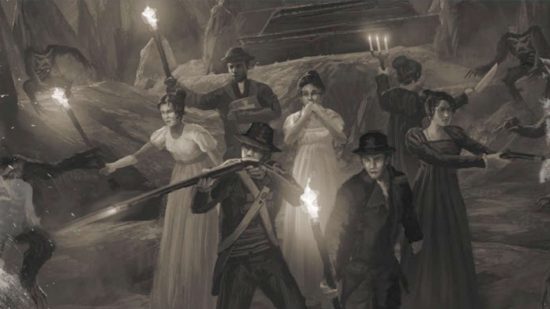 Call of Cthulhu Regency illustration - investigators in Regency clothing stand back to back in an underground location, firing at oncoming creatures