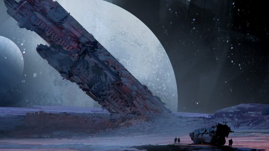 Coriolis: The Great Dark art of a ruined ship on a moon