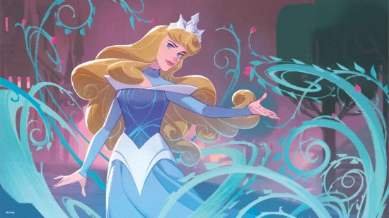 Disney Lorcana tournament - art of Aurora, the princess from Sleeping beauty, in a blue dress surrounded by swirling thorns