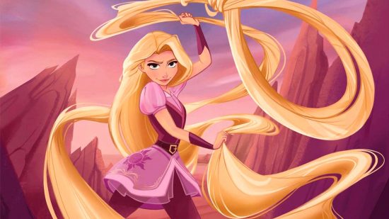 Disney Lorcana tournametns - art of Rapunzel in a pink dress whirling her hair like a lasso