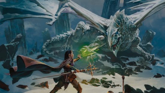 Wizards of the Coast art of a DnD Abjuration Wizard 5e fighting a dragon