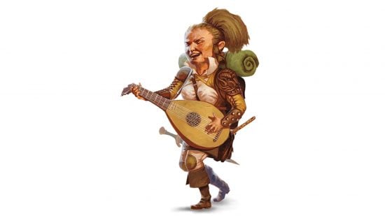 DnD chronurgy wizard - a laughing halfling playing a banjo
