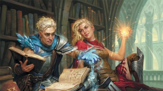 DnD Divination Wizard 5e - Wizards of the Coast art of two Wizards studying in a library