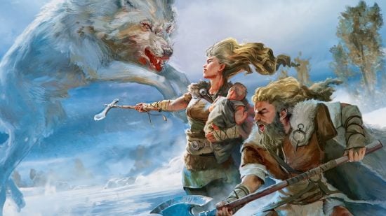 DnD Initiative 5e - Wizards of the Coast art of two Barbarians fighting a wolf