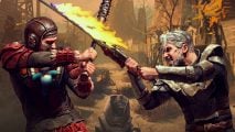 Cover art from Fallout Factions - a pair of raiders duel in melee, one armed with a flaming sword, the other with a wire-wrapped baseball bat - recommended gaming for Fallout TV show fans