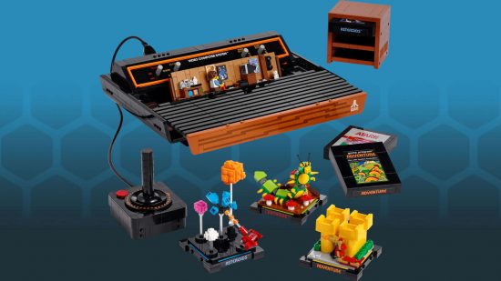 Lego Atari 2600 kit, a recreation of the vintage home console, joystick, cartridges, and dioramas representing games