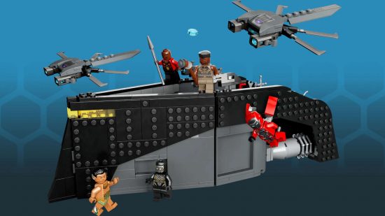 Lego Marvel Black Panther War on the Water kit - a black marine vessel made from lego, with two hovering drones, and a selection of minifigures representing Black Panther and other Marvel characters