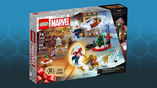 Lego Marvel Avengers advent calendar box, indicating the contents - a variety of different minifigures and small props