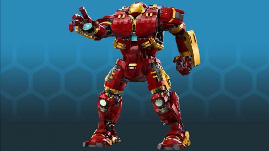 Lego Marvel sets Hulkbuster Armor - a large red and yellow android made from Lego, recreating a design from the Marvel movie Avengers Age of Ultron