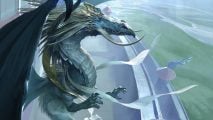MTG artwork of a dragon looking out over their fortress