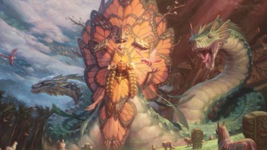 MTG planes art showing a god with a snake friend.