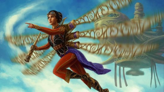 MTG art showing a character flying with mechanical wings