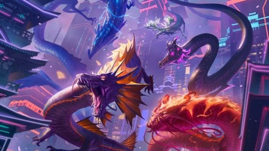 MTG art showing five dragons in a cyberpunk city